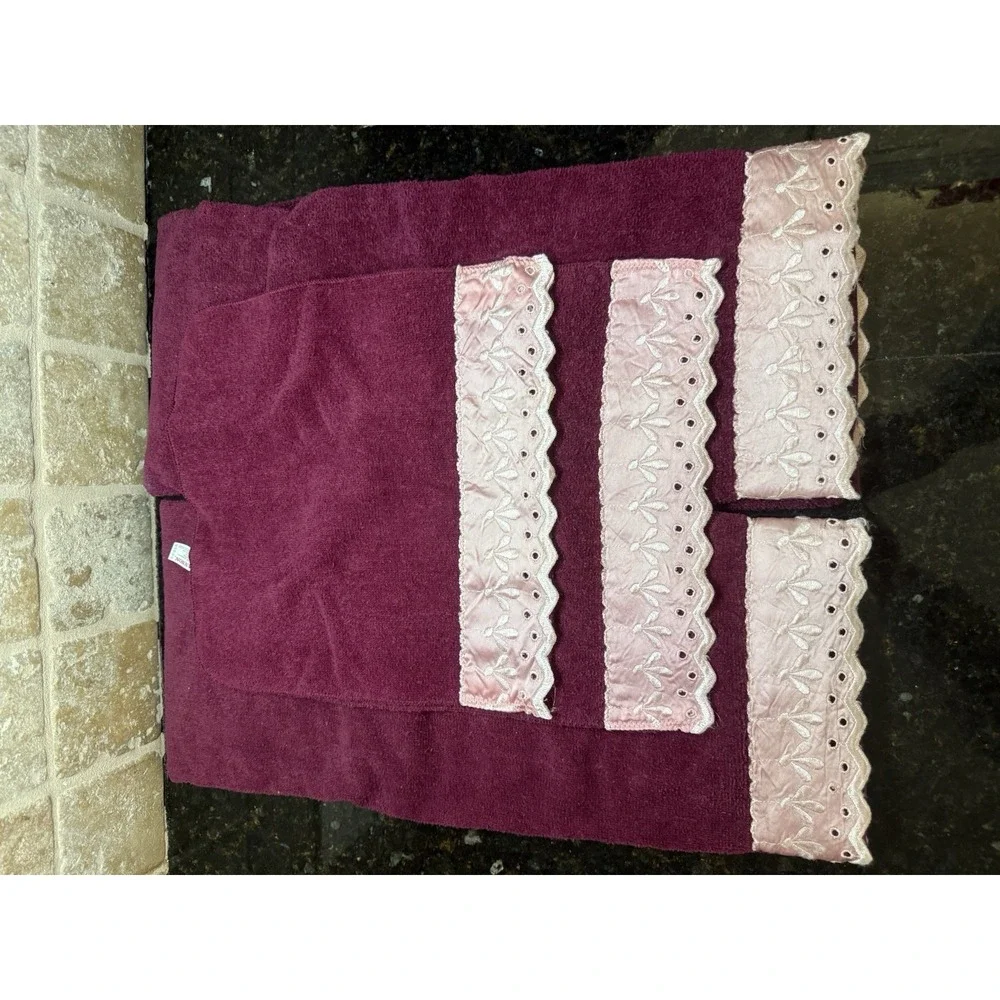 Vintage Cannon Towels Set Burgundy Pink Maroon‎ Satin Lace Trim Bathroom Linens